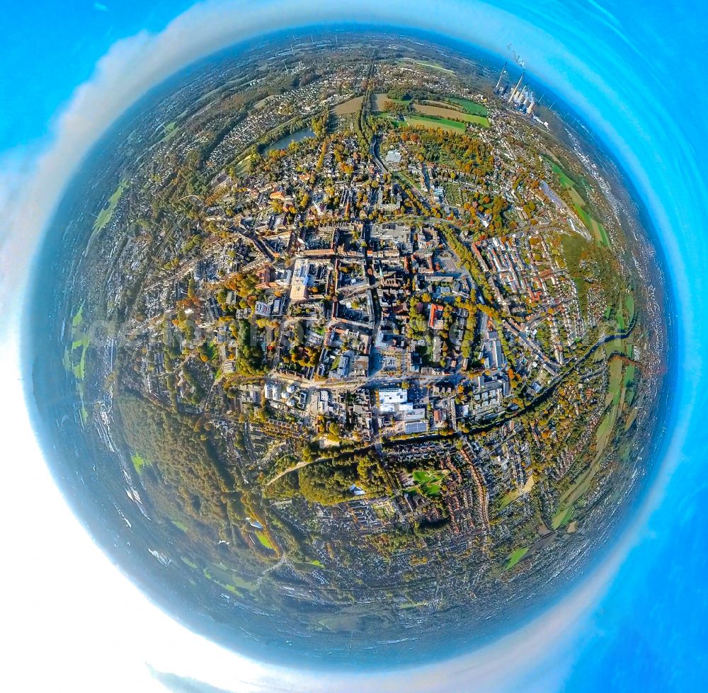 Gladbeck from above - Fisheye perspective city view on down town in Gladbeck at Ruhrgebiet in the state North Rhine-Westphalia, Germany