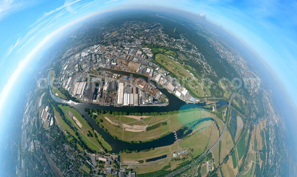 Mülheim an der Ruhr from the bird's eye view: Fisheye perspective city view of the city area of in Muelheim on the Ruhr at Ruhrgebiet in the state North Rhine-Westphalia