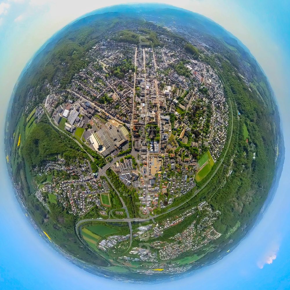 Neheim from above - Fisheye perspective city view on down town in Neheim at Sauerland in the state North Rhine-Westphalia, Germany