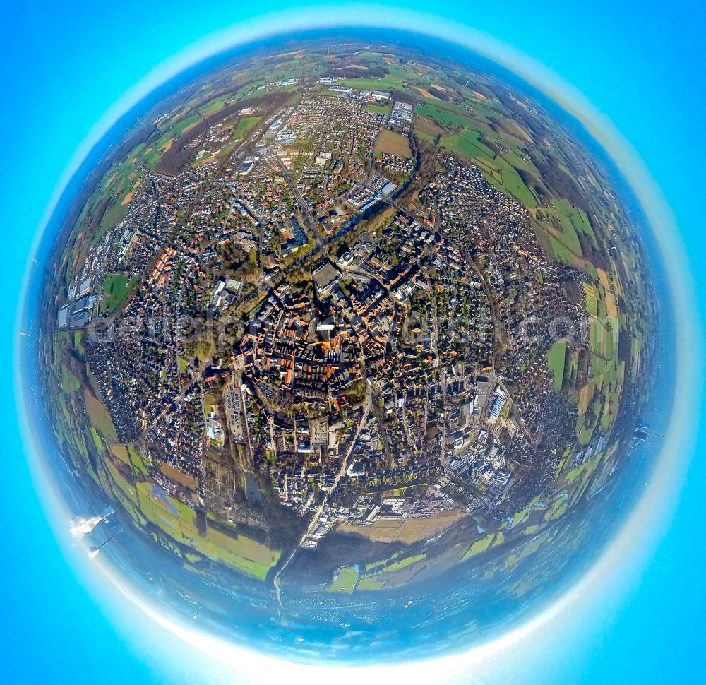 Werne from above - Fisheye perspective city view on down town in Werne at Ruhrgebiet in the state North Rhine-Westphalia, Germany