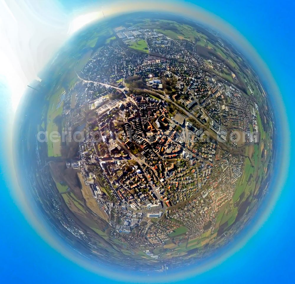 Werne from the bird's eye view: Fisheye perspective city view on down town in Werne at Ruhrgebiet in the state North Rhine-Westphalia, Germany