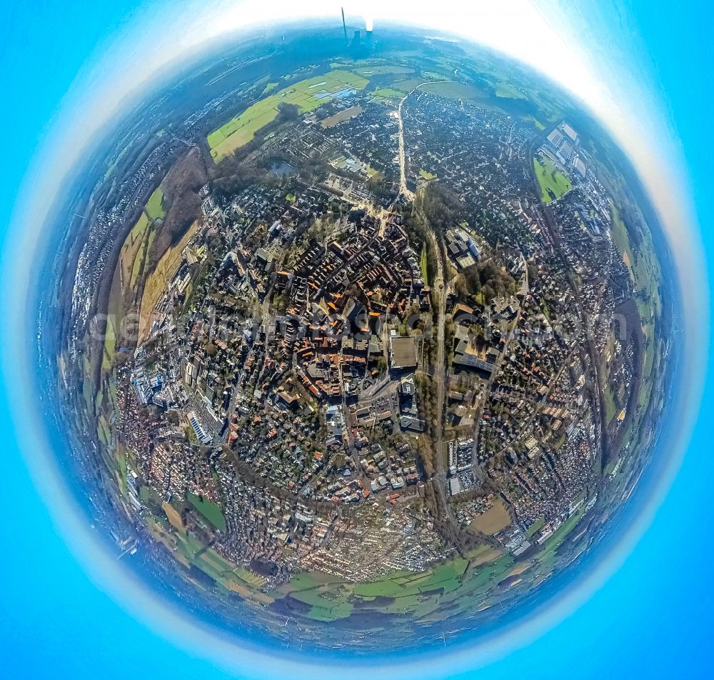 Werne from the bird's eye view: Fisheye perspective city view on down town in Werne at Ruhrgebiet in the state North Rhine-Westphalia, Germany