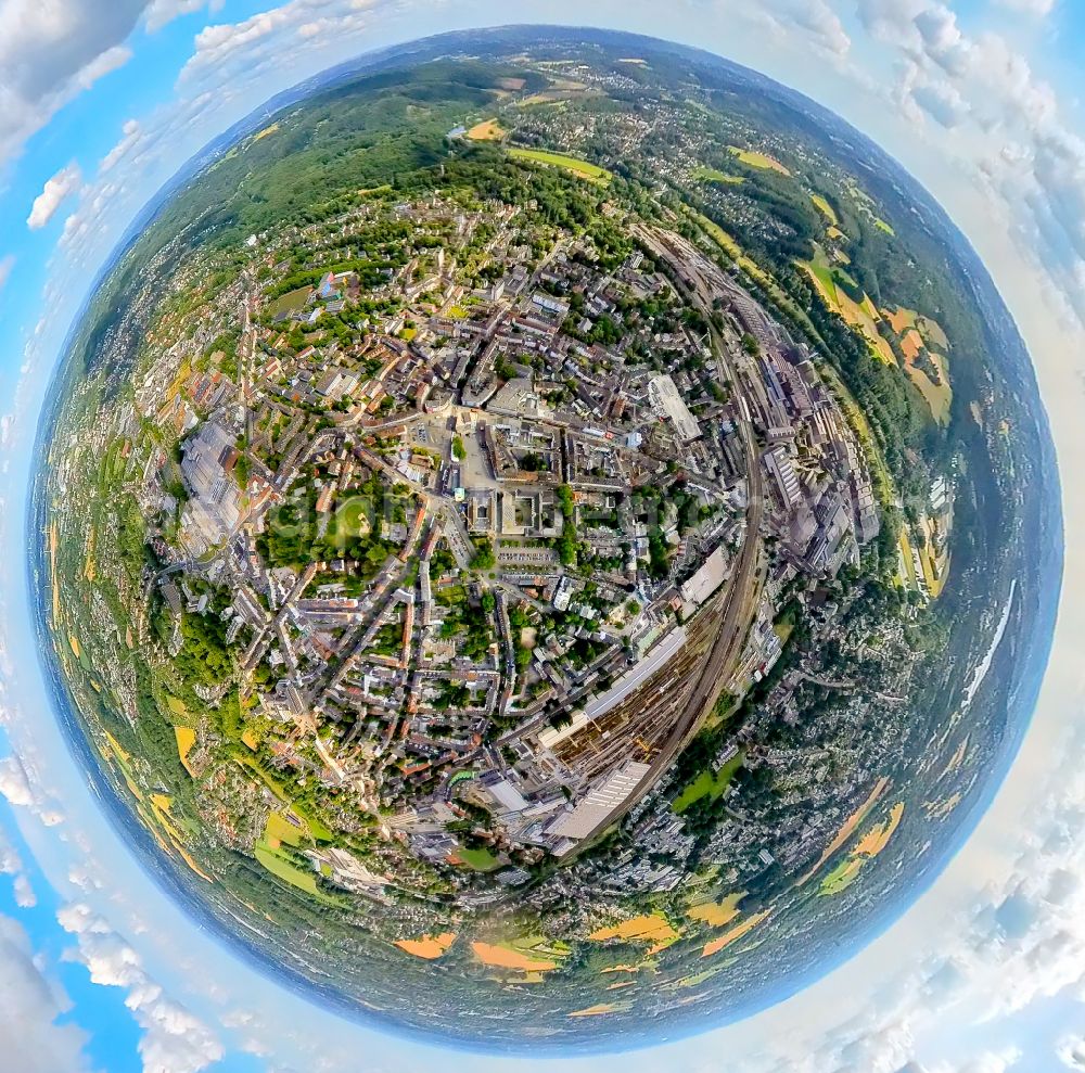 Witten from above - Fisheye perspective city view on down town in Witten at Ruhrgebiet in the state North Rhine-Westphalia, Germany