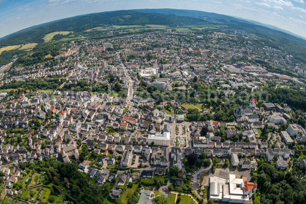 Arnsberg from above - Fisheye perspective City view of downtown area in Arnsberg in the state North Rhine-Westphalia, Germany