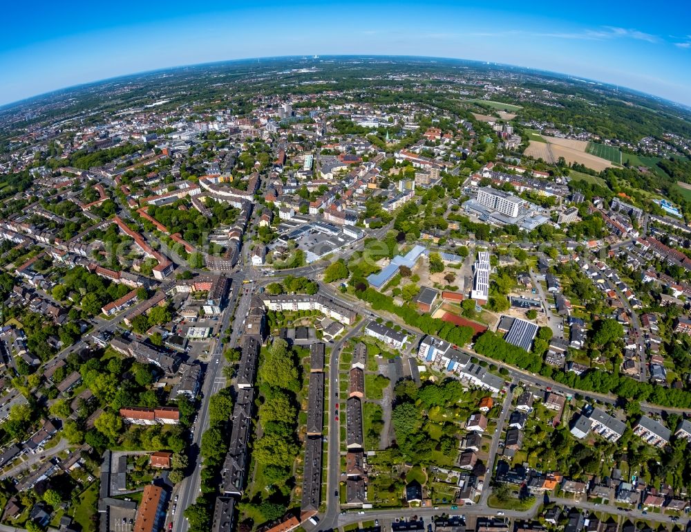 Herne from the bird's eye view: Fisheye- perspective city view in the urban area in Herne in the state North Rhine-Westphalia, Germany