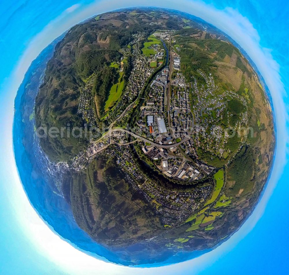 Aerial image Eiringhausen - Fisheye perspective city view on the river bank of Lenne in Eiringhausen in the state North Rhine-Westphalia, Germany