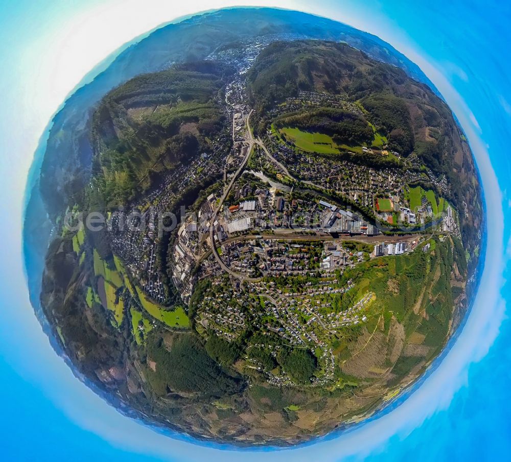 Aerial photograph Eiringhausen - Fisheye perspective city view on the river bank of Lenne in Eiringhausen in the state North Rhine-Westphalia, Germany