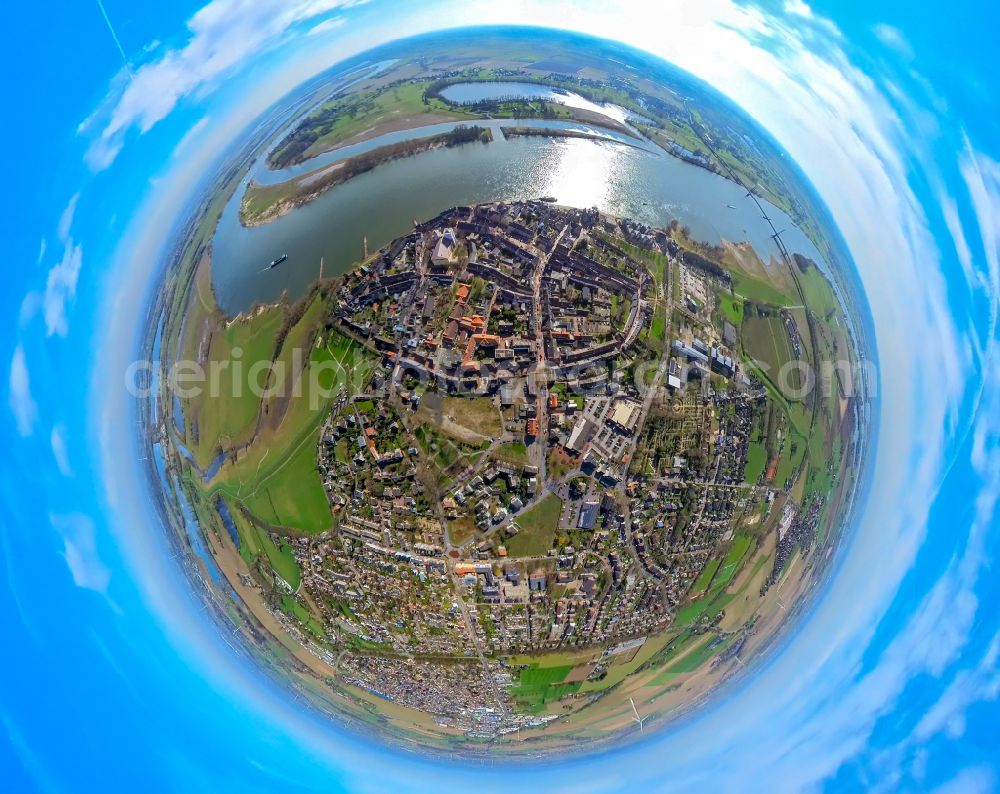 Rees from above - Fisheye perspective city view on the river bank of the Rhine river in Rees in the state North Rhine-Westphalia, Germany