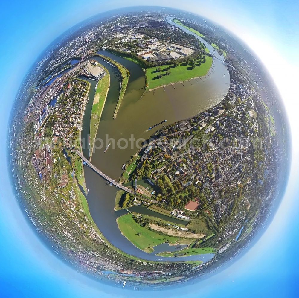 Aerial photograph Duisburg - Fisheye perspective city view on the river bank the Ruhr on street Speditionsinsel in the district Ruhrort in Duisburg at Ruhrgebiet in the state North Rhine-Westphalia, Germany