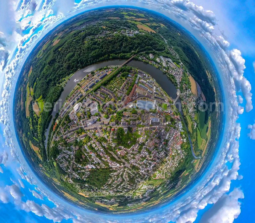 Essen from above - Fisheye perspective city view on the river bank the Ruhr in the district Kettwig in Essen at Ruhrgebiet in the state North Rhine-Westphalia, Germany