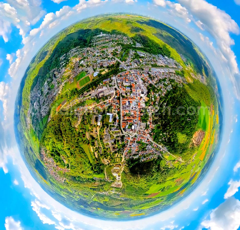 Aerial image Marsberg - Fisheye perspective urban area with outskirts and inner city area on the edge of agricultural fields and arable land in Marsberg at Sauerland in the state North Rhine-Westphalia, Germany