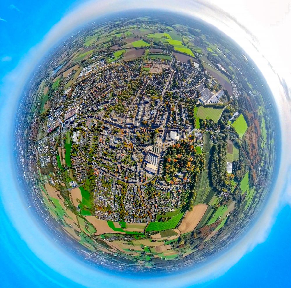 Aerial image Neukirchen-Vluyn - Fisheye perspective urban area with outskirts and inner city area on the edge of agricultural fields and arable land in Neukirchen-Vluyn in the state North Rhine-Westphalia, Germany