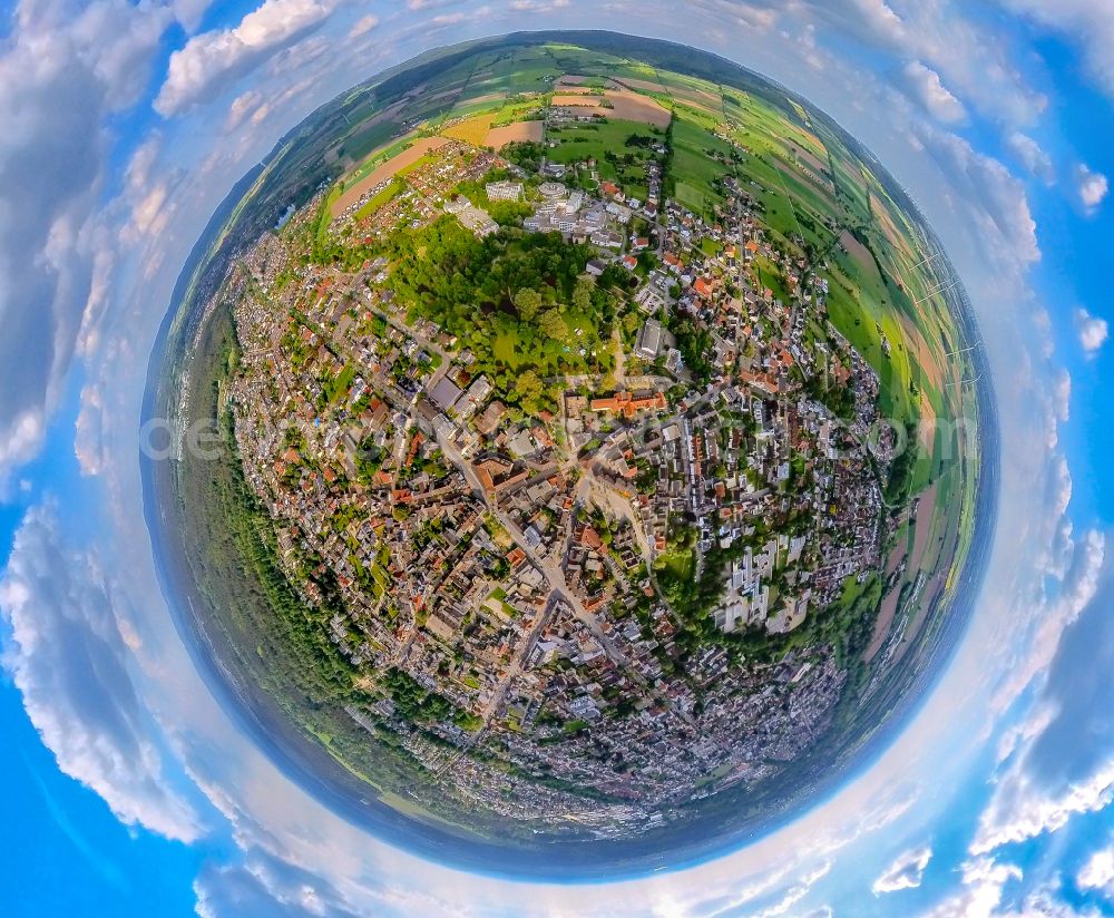 Bad Lippspringe from the bird's eye view: Fisheye perspective the city center in the downtown area in Bad Lippspringe in the state North Rhine-Westphalia, Germany