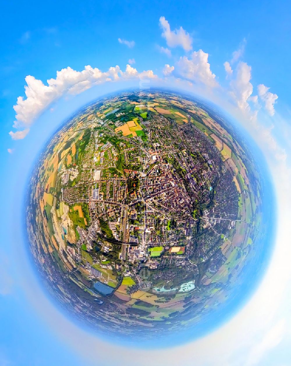 Aerial photograph Beckum - Fisheye perspective the city center in the downtown area on street Nordring in Beckum at Ruhrgebiet in the state North Rhine-Westphalia, Germany