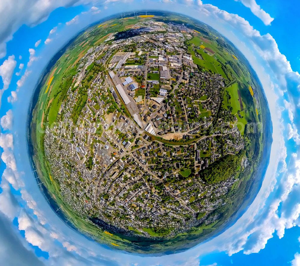 Brilon from above - Fisheye perspective the city center in the downtown area in Brilon at Sauerland in the state North Rhine-Westphalia, Germany