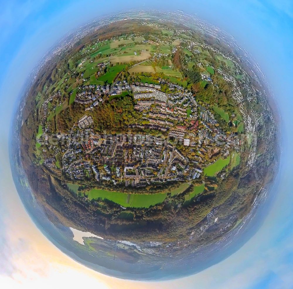 Herdecke from above - Fisheye perspective the city center in the downtown area in Herdecke at Ruhrgebiet in the state North Rhine-Westphalia, Germany