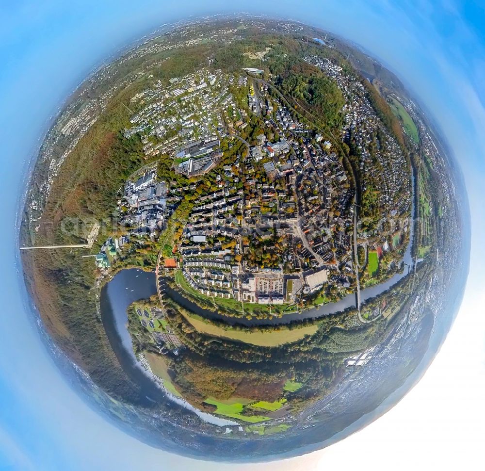 Herdecke from above - Fisheye perspective the city center in the downtown area in Herdecke at Ruhrgebiet in the state North Rhine-Westphalia, Germany