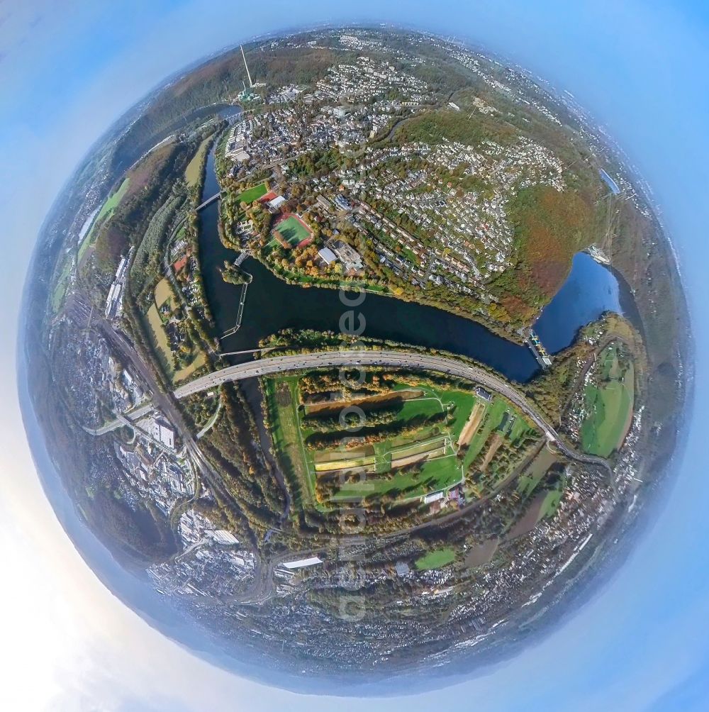 Herdecke from the bird's eye view: Fisheye perspective the city center in the downtown area in Herdecke at Ruhrgebiet in the state North Rhine-Westphalia, Germany