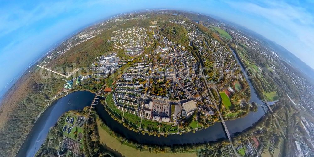 Aerial photograph Herdecke - Fisheye perspective the city center in the downtown area in Herdecke at Ruhrgebiet in the state North Rhine-Westphalia, Germany