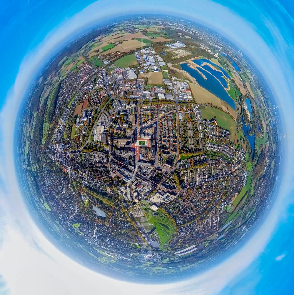 Kamp-Lintfort from above - Fisheye perspective the city center in the downtown area in Kamp-Lintfort at Ruhrgebiet in the state North Rhine-Westphalia, Germany