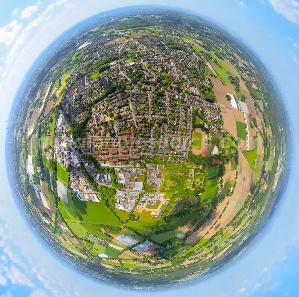 Kirchhellen from the bird's eye view: Fisheye perspective the city center in the downtown area in Kirchhellen at Ruhrgebiet in the state North Rhine-Westphalia, Germany