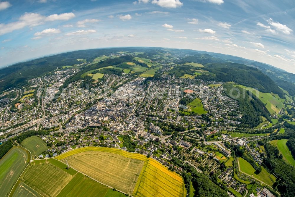 Aerial image Meschede - Fisheye perspective The city center in the downtown area in Meschede in the state North Rhine-Westphalia, Germany