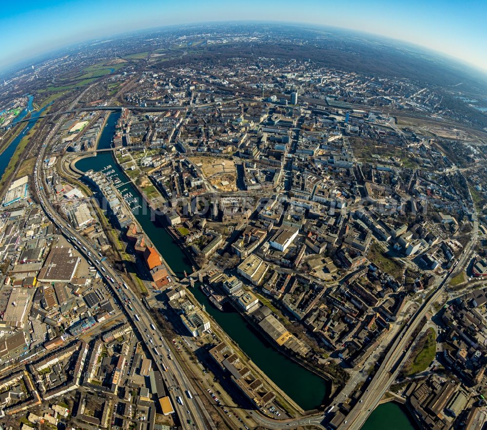 Aerial image Duisburg - Fisheye perspective the city center in the downtown area at Schwanentorbruecke at the canal in the Innenhafen in the district Kasslerfeld in Duisburg at Ruhrgebiet in the state North Rhine-Westphalia, Germany