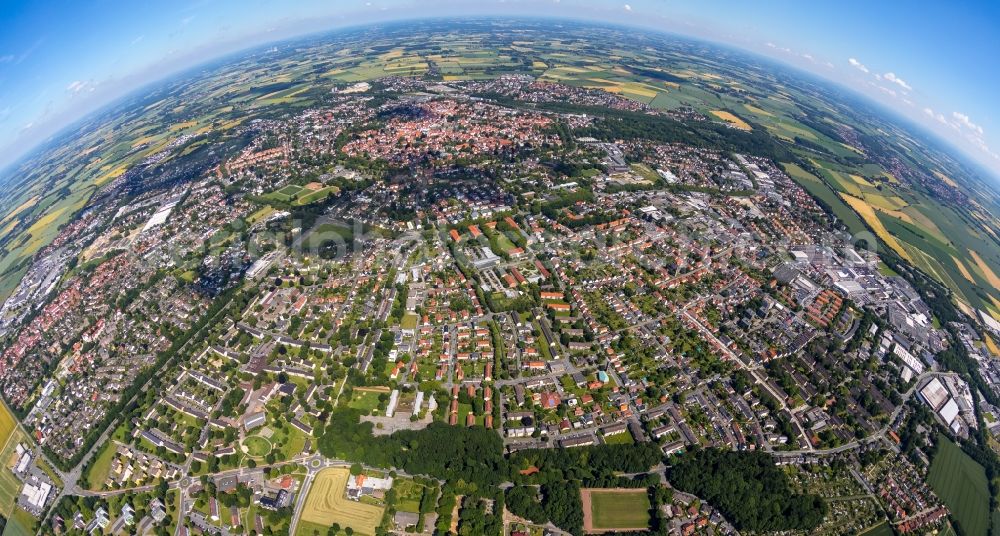 Soest from above - Fisheye perspective the city center in the downtown area in Soest in the state North Rhine-Westphalia, Germany