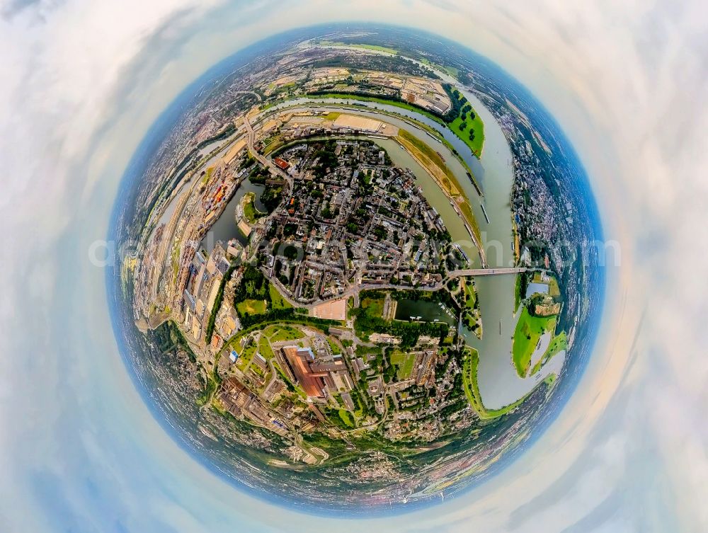 Duisburg from the bird's eye view: Fisheye perspective city center in the downtown area on the banks of river course on Rhine on street Bergiusstrasse in the district Ruhrort in Duisburg at Ruhrgebiet in the state North Rhine-Westphalia, Germany