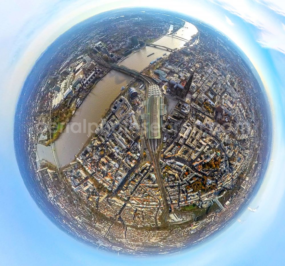 Köln from above - Fisheye perspective city center in the downtown area on the banks of river course of the Rhine river in the district Altstadt in Cologne in the state North Rhine-Westphalia, Germany