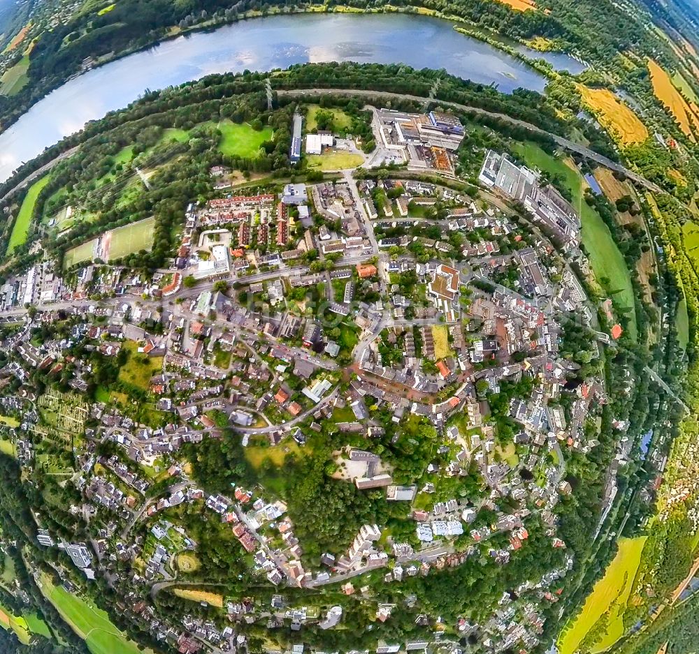 Aerial image Herbede - Fisheye perspective city center in the downtown area on the banks of river course the Ruhr in Herbede at Ruhrgebiet in the state North Rhine-Westphalia, Germany