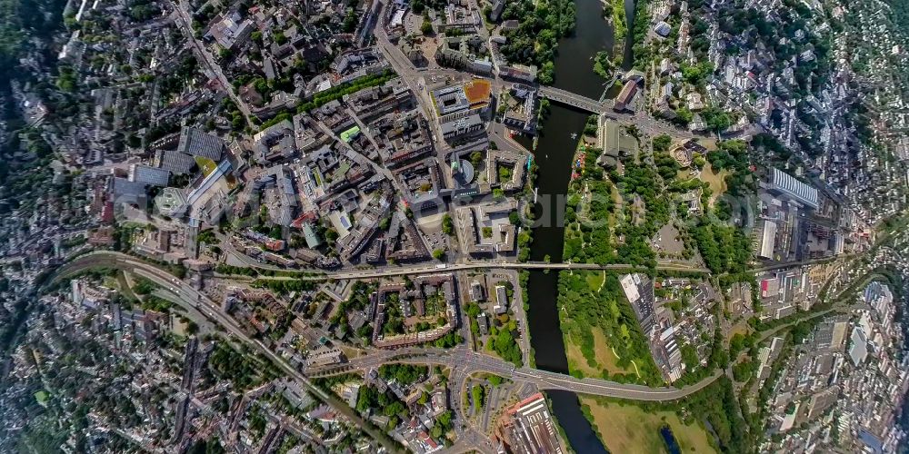 Mülheim an der Ruhr from the bird's eye view: Fisheye perspective city center in the downtown area on the banks of river course the Ruhr in Muelheim on the Ruhr at Ruhrgebiet in the state North Rhine-Westphalia, Germany