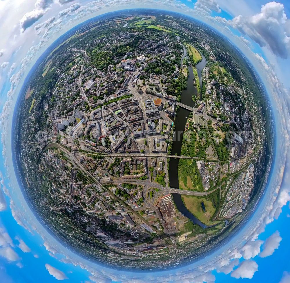 Aerial photograph Mülheim an der Ruhr - Fisheye perspective city center in the downtown area on the banks of river course the Ruhr in Muelheim on the Ruhr at Ruhrgebiet in the state North Rhine-Westphalia, Germany