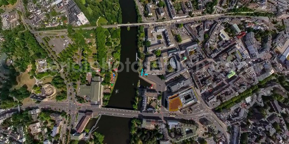 Mülheim an der Ruhr from above - Fisheye perspective city center in the downtown area on the banks of river course the Ruhr in Muelheim on the Ruhr at Ruhrgebiet in the state North Rhine-Westphalia, Germany