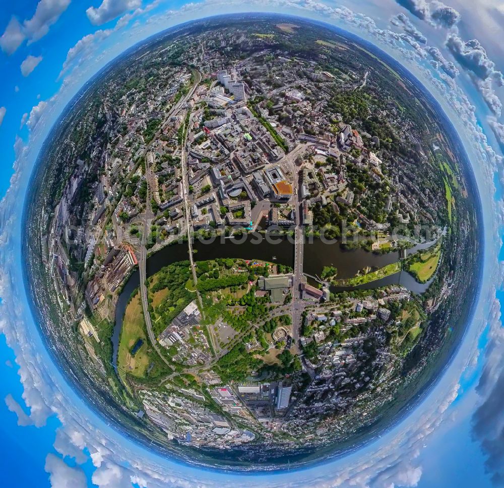 Mülheim an der Ruhr from the bird's eye view: Fisheye perspective city center in the downtown area on the banks of river course the Ruhr in Muelheim on the Ruhr at Ruhrgebiet in the state North Rhine-Westphalia, Germany