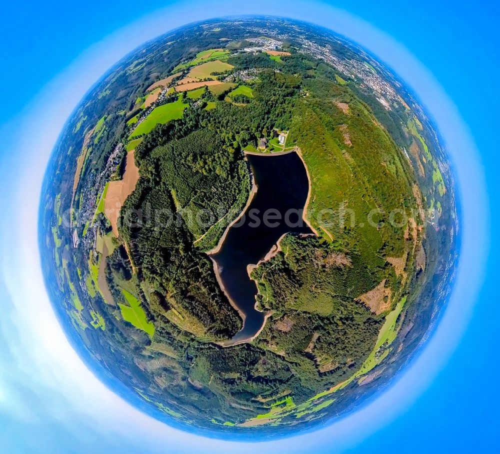 Aerial image Breckerfeld - Fisheye perspective impoundment and shore areas at the lake Ennepetalsperre on street Ennepetalsperre in Breckerfeld in the state North Rhine-Westphalia, Germany