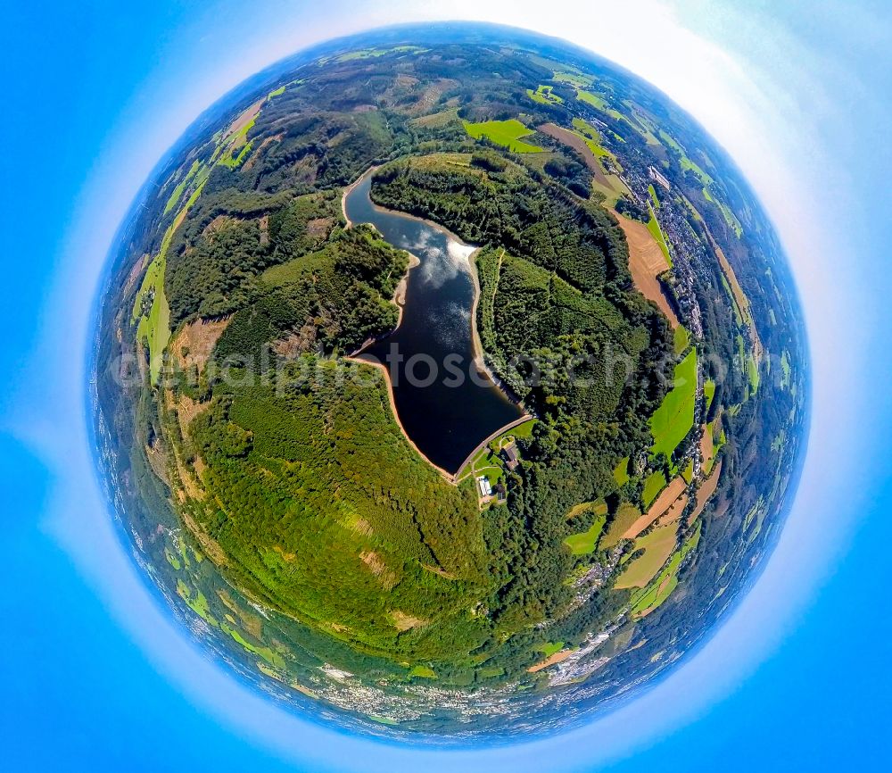 Aerial photograph Breckerfeld - Fisheye perspective impoundment and shore areas at the lake Ennepetalsperre on street Ennepetalsperre in Breckerfeld in the state North Rhine-Westphalia, Germany