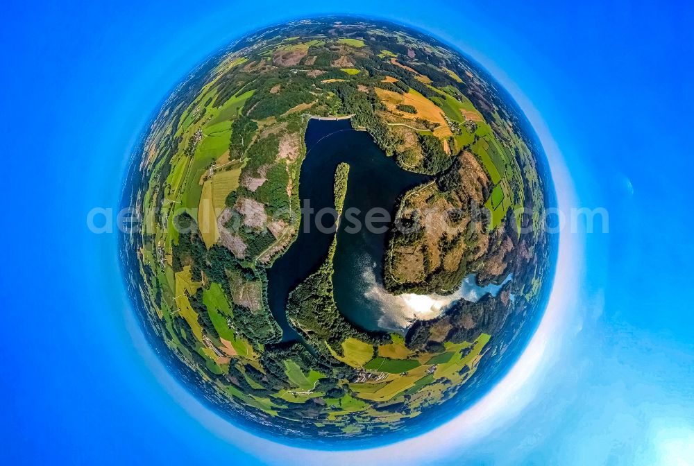 Breckerfeld from above - Fisheye perspective impoundment and shore areas at the lake Ennepetalsperre on street Ennepetalsperre in Breckerfeld in the state North Rhine-Westphalia, Germany