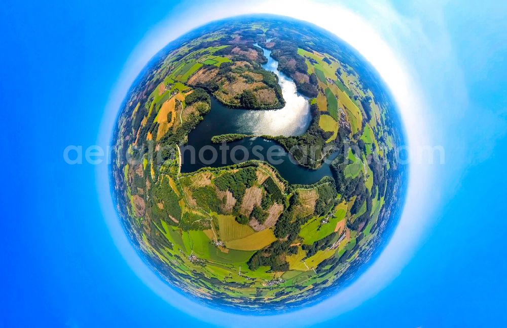 Breckerfeld from the bird's eye view: Fisheye perspective impoundment and shore areas at the lake Ennepetalsperre on street Ennepetalsperre in Breckerfeld in the state North Rhine-Westphalia, Germany