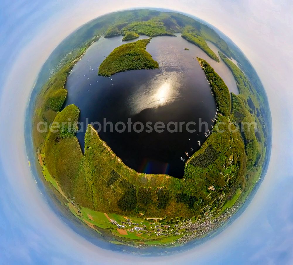 Hastenrath from above - Fisheye perspective impoundment and shore areas at the lake Rurtalsperre Schwammenauel in Hastenrath in the state North Rhine-Westphalia, Germany