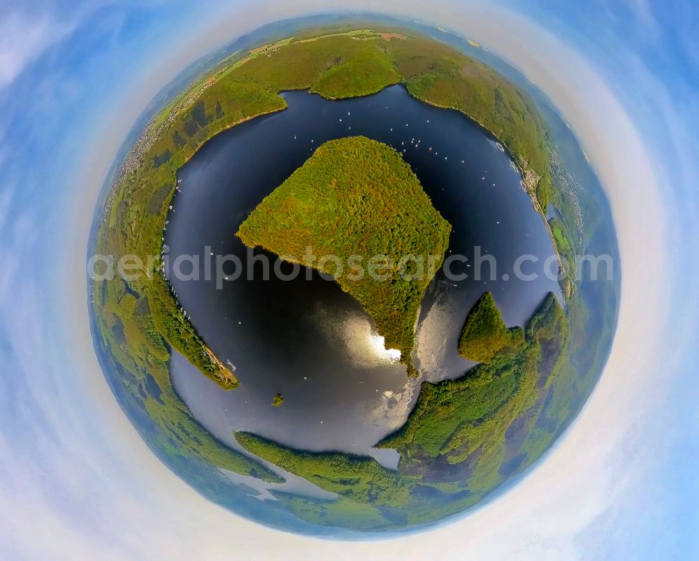 Aerial image Hastenrath - Fisheye perspective impoundment and shore areas at the lake Rurtalsperre Schwammenauel in Hastenrath in the state North Rhine-Westphalia, Germany