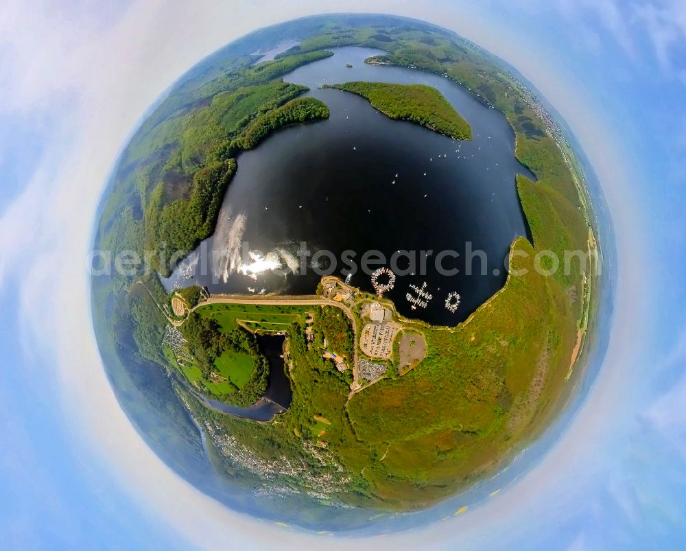 Aerial photograph Hastenrath - Fisheye perspective impoundment and shore areas at the lake Rurtalsperre Schwammenauel in Hastenrath in the state North Rhine-Westphalia, Germany