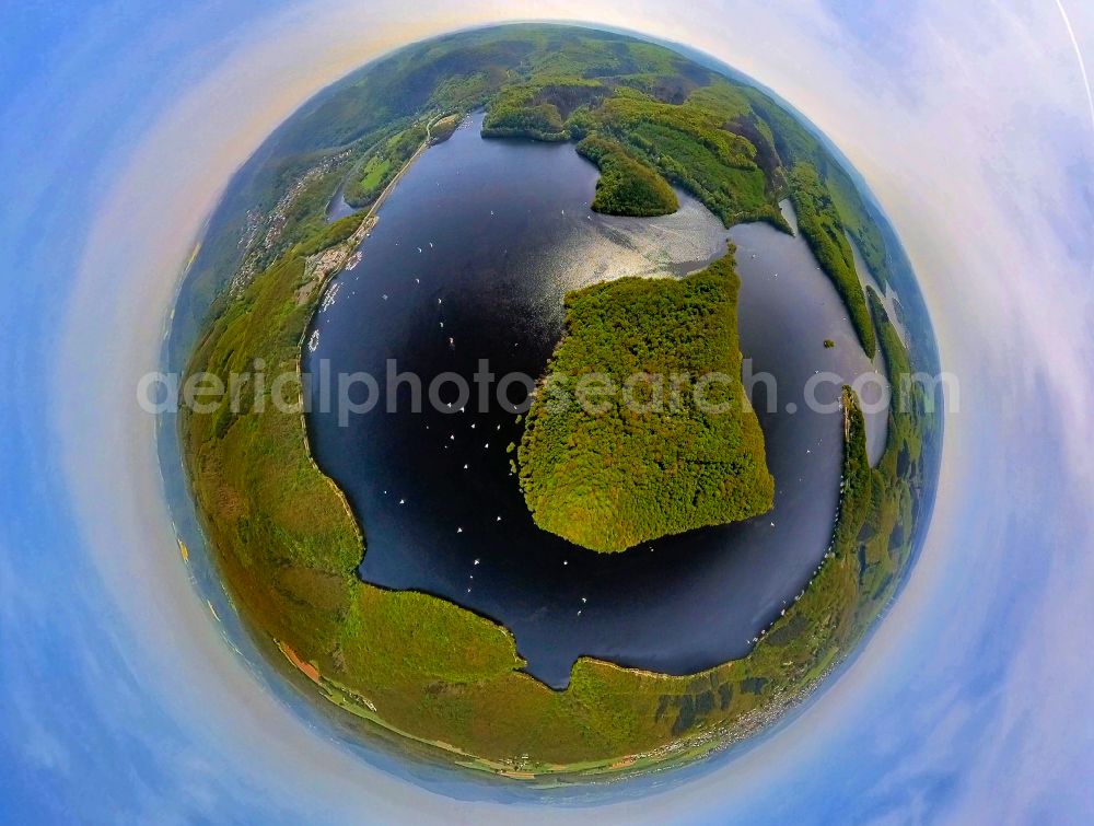 Hastenrath from the bird's eye view: Fisheye perspective impoundment and shore areas at the lake Rurtalsperre Schwammenauel in Hastenrath in the state North Rhine-Westphalia, Germany