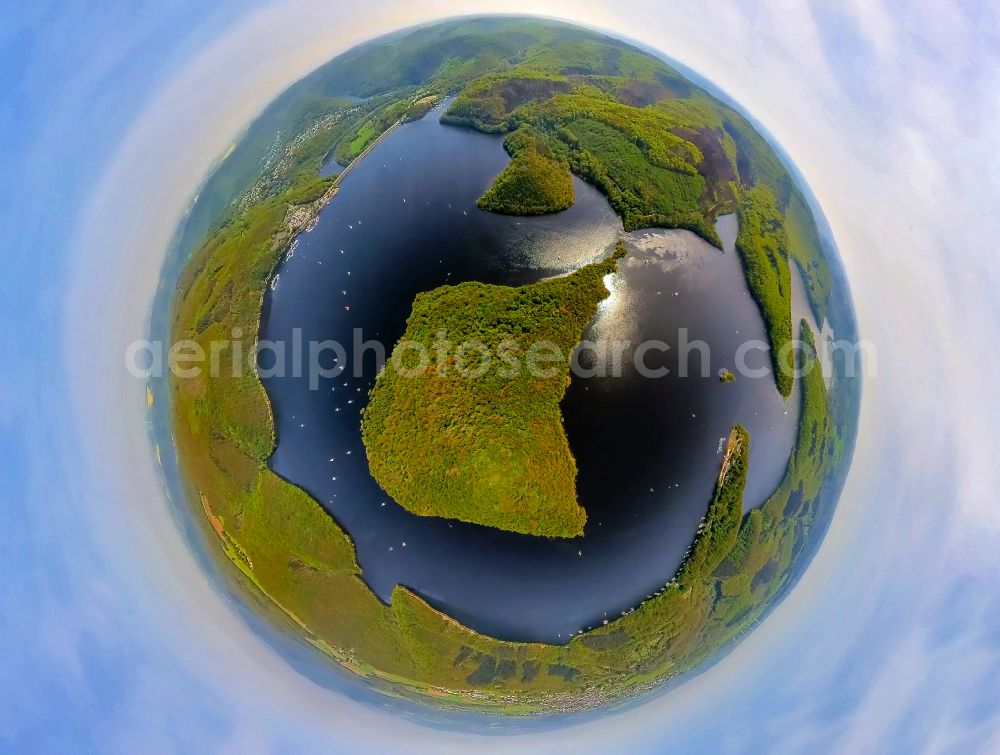 Aerial image Hastenrath - Fisheye perspective impoundment and shore areas at the lake Rurtalsperre Schwammenauel in Hastenrath in the state North Rhine-Westphalia, Germany