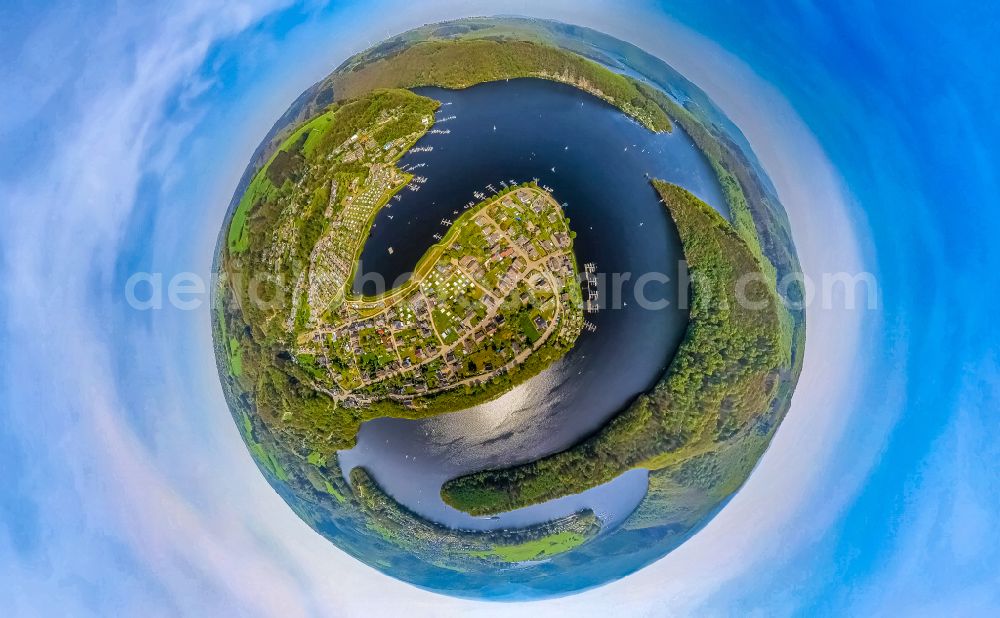 Aerial image Schleiden - Fisheye perspective impoundment and shore areas at the lake Obersee - Urftsee on street Urfttalsperre in Schleiden Eifel in the state North Rhine-Westphalia, Germany