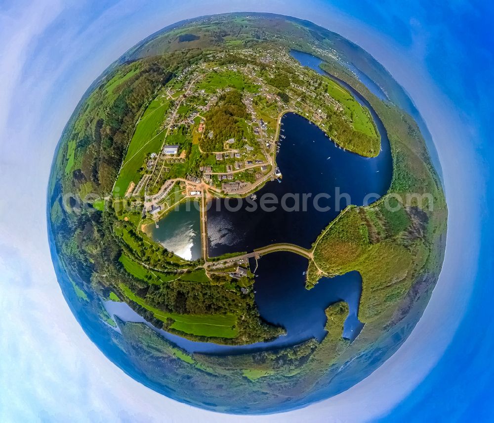 Aerial photograph Schleiden - Fisheye perspective impoundment and shore areas at the lake Obersee - Urftsee on street Urfttalsperre in Schleiden Eifel in the state North Rhine-Westphalia, Germany