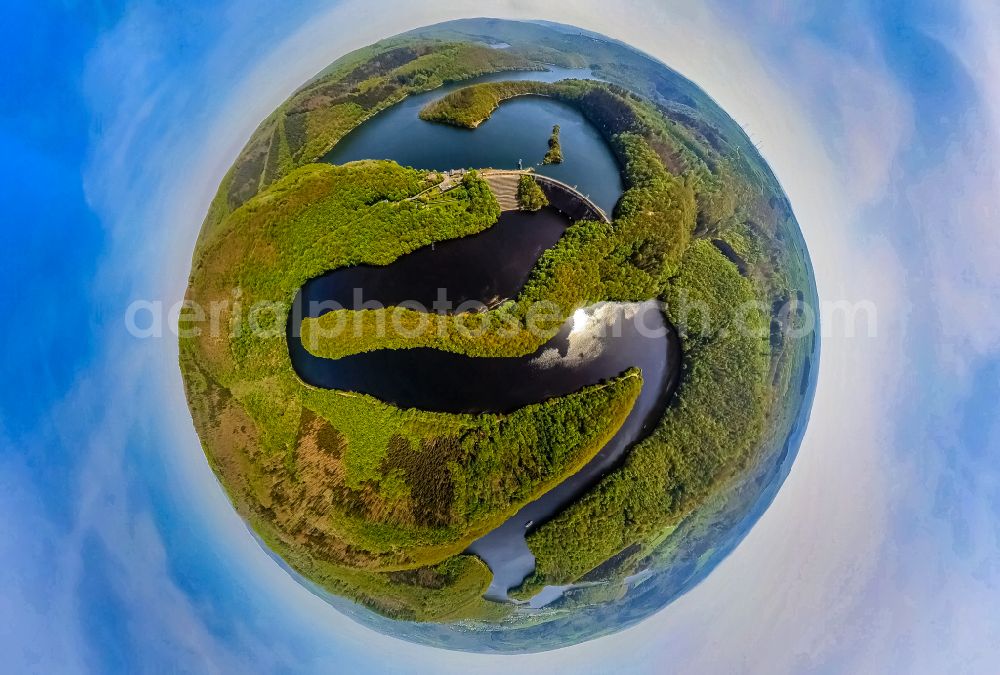 Schleiden from above - Fisheye perspective impoundment and shore areas at the lake Obersee - Urftsee on street Urfttalsperre in Schleiden Eifel in the state North Rhine-Westphalia, Germany