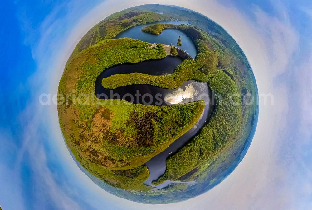 Schleiden from the bird's eye view: Fisheye perspective impoundment and shore areas at the lake Obersee - Urftsee on street Urfttalsperre in Schleiden Eifel in the state North Rhine-Westphalia, Germany