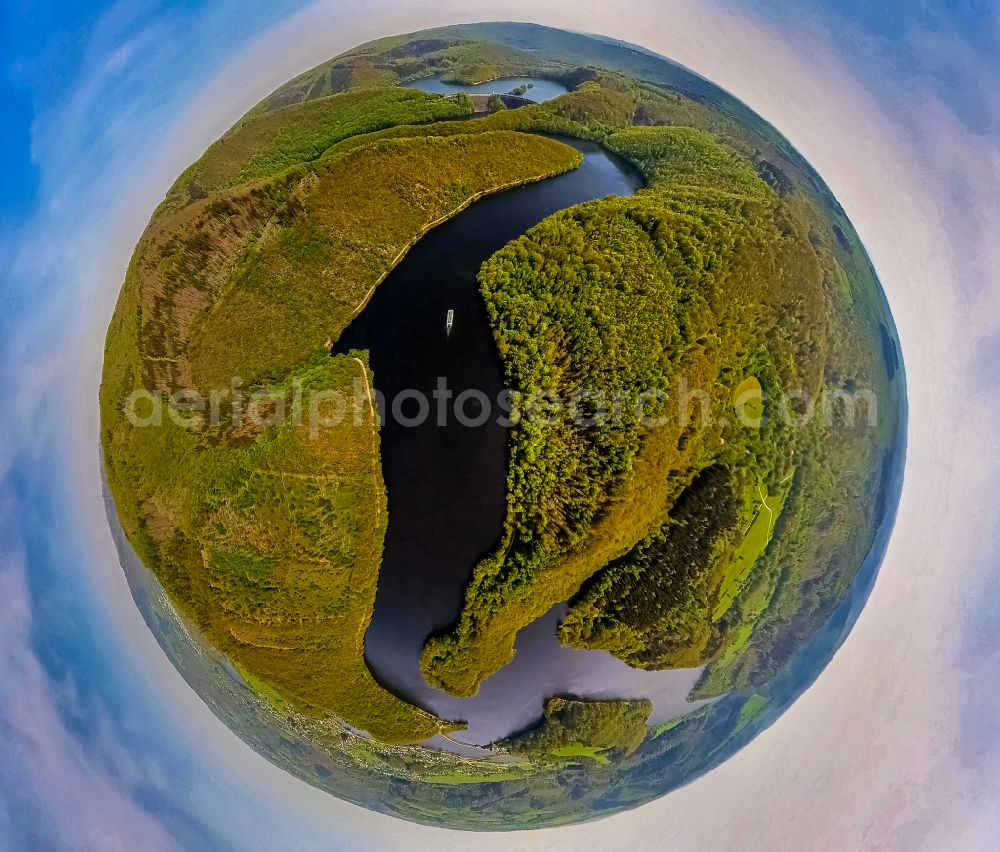 Aerial image Schleiden - Fisheye perspective impoundment and shore areas at the lake Obersee - Urftsee on street Urfttalsperre in Schleiden Eifel in the state North Rhine-Westphalia, Germany