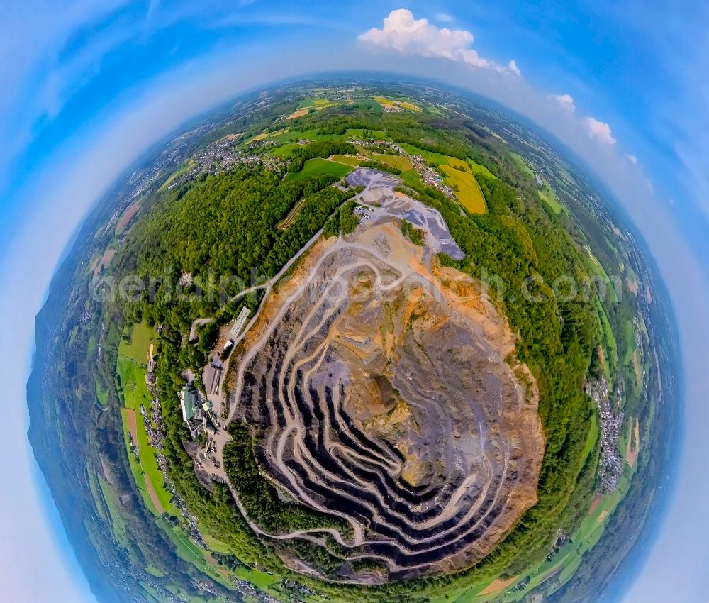 Aerial image Königswinter - Fisheye perspective quarry for the extraction and mining of basalt stone in the Huehnerberg Basalt Quarry on the Querweg road in Koenigswinter in the state of North Rhine-Westphalia, Germany